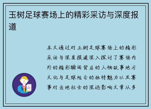 玉树足球赛场上的精彩采访与深度报道