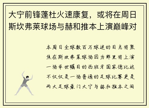 大宁前锋蓬杜火速康复，或将在周日斯坎弗莱球场与赫和推本上演巅峰对决