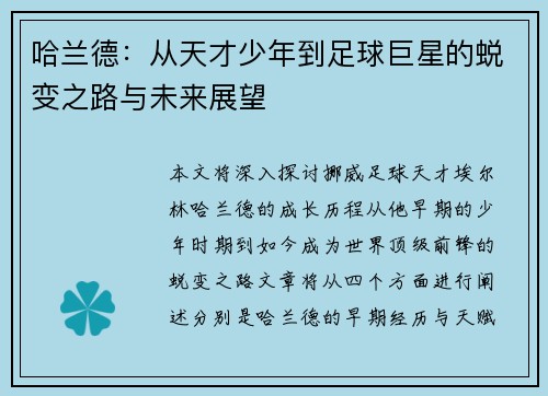 哈兰德：从天才少年到足球巨星的蜕变之路与未来展望