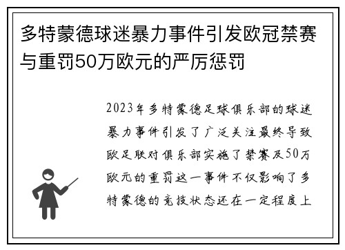 多特蒙德球迷暴力事件引发欧冠禁赛与重罚50万欧元的严厉惩罚