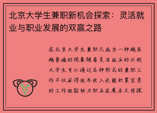 北京大学生兼职新机会探索：灵活就业与职业发展的双赢之路