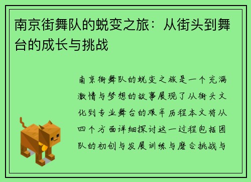 南京街舞队的蜕变之旅：从街头到舞台的成长与挑战